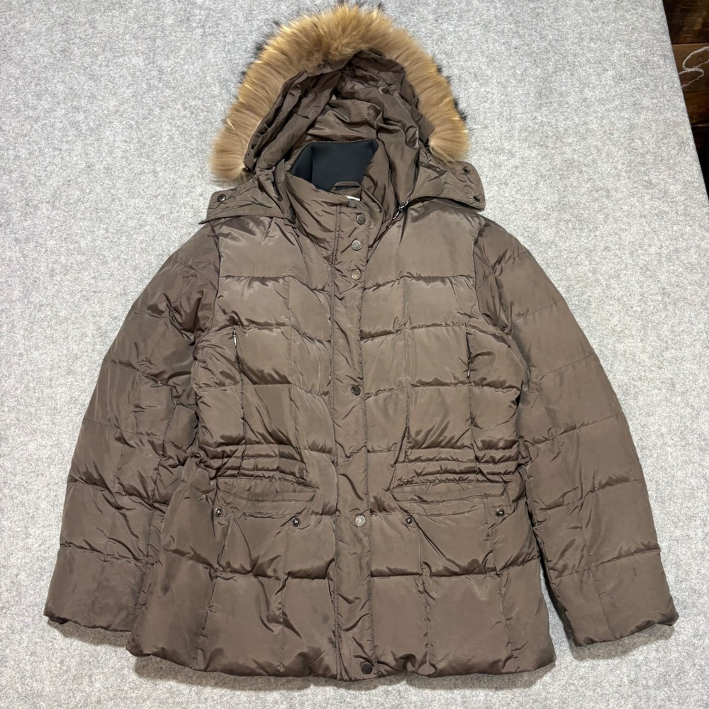 Calvin Klein Womens Brown Quilted Puffer Jacket Faux Fur Hood Size L
